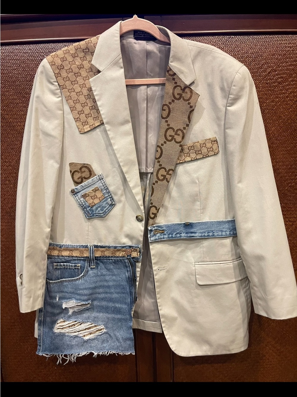 Inspired Custom-Made Style Beige Blazer with GG Canvas & Distressed Denim Patch